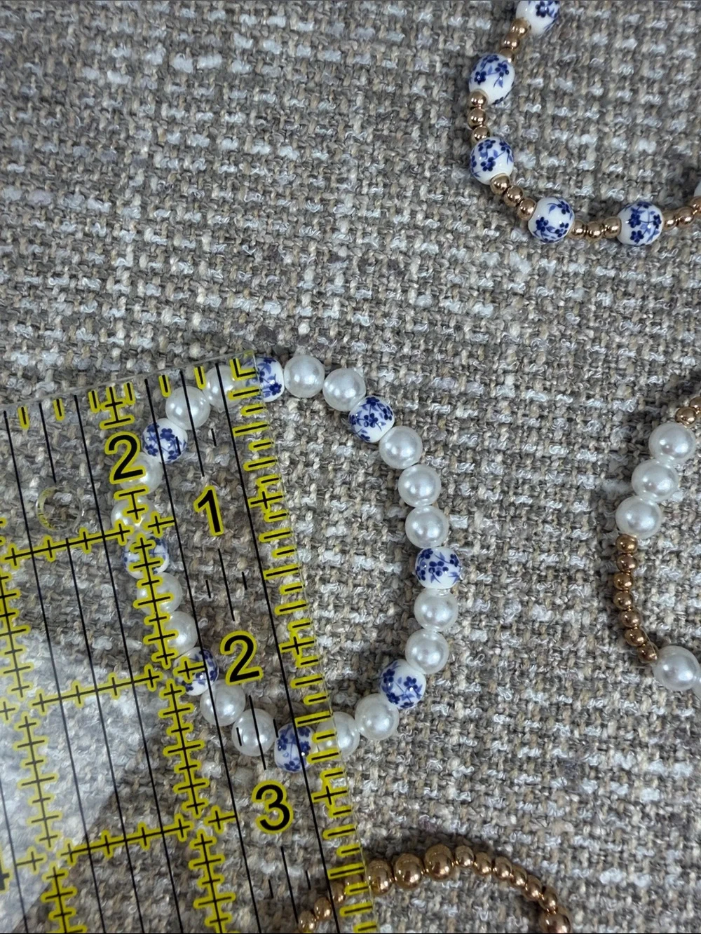 Beaded Stretch Bracelet Set - Gold, White, Blue flowers